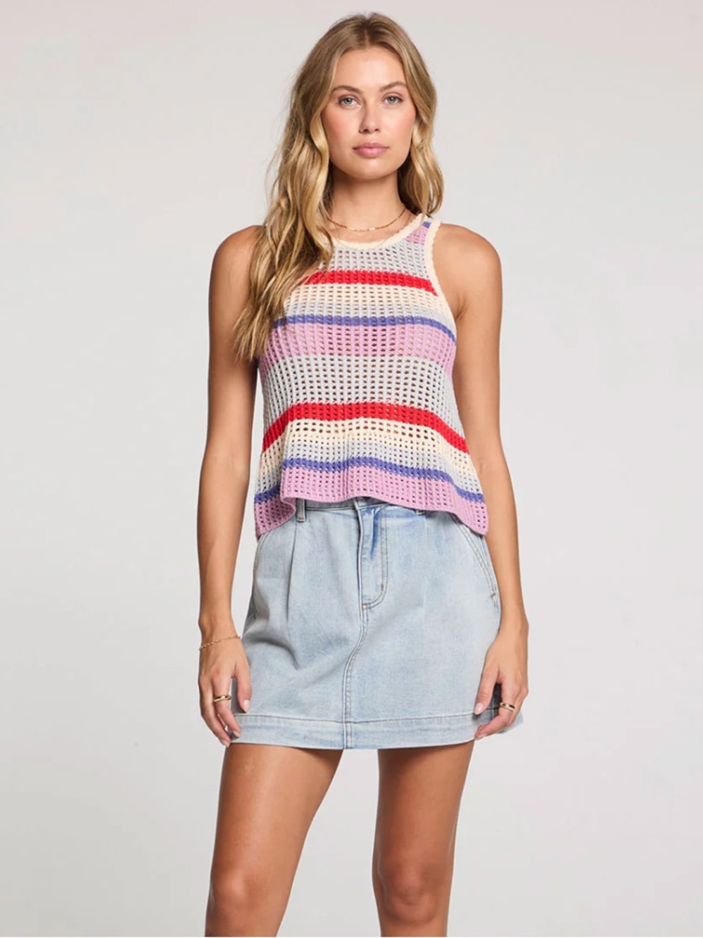 Saltwater Luxe Striped Crochet Tank Top in Pastel Pink, Red & Cream